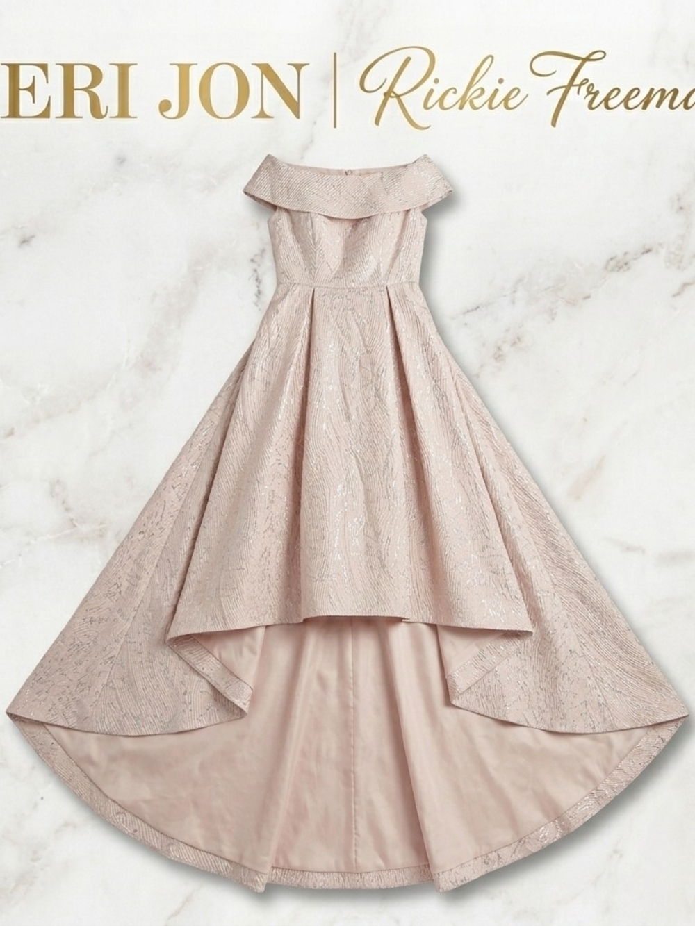 Teri Jon Rickie Freeman Metallic High Low Off Shoulder Gown Dress Pink Gold 14